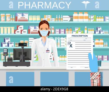 Hand mit einem verschreibungspflichtigen rx-Formular. Stock Vektor