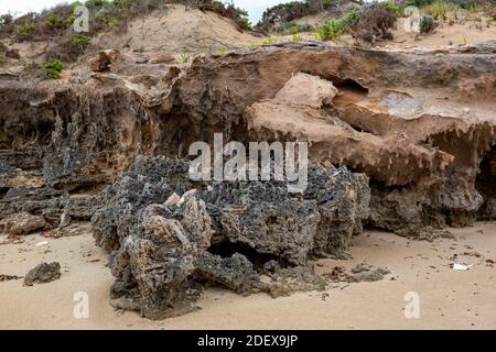 Felsen mit starker Erosion am Stony Point in Robe South Australia am 11. November 2020 Stockfoto