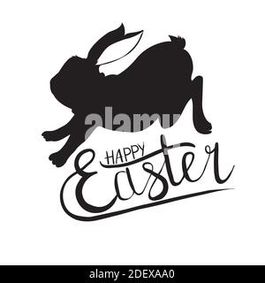 Frohe Ostern Vektor-Karte auf dem handgezeichneten Hintergrund. Osterei mit einer Hasensilhouette und Blättern. Handgemachte Tinte Textur. Stock Vektor