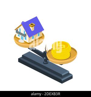 Isometrische Haus- und Golddollar-Münzen auf Gewichtswaagen. Immobilien, Preis, Finanzen und Home-Konzept Stock Vektor