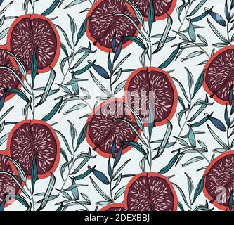 Blumenmuster, Blätter und roter Granatapfel-Feigenhintergrund. Botanical Nahtloses Muster, modische Textur, afrikanische Motive. Beach exotische Sommer Kollektion Stock Vektor