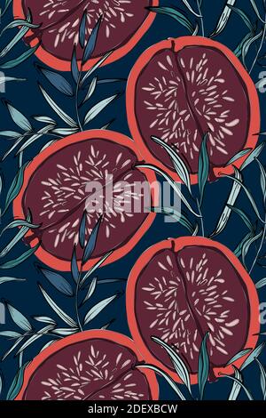 Blumenmuster, Blätter und roter Granatapfel-Feigenhintergrund. Botanical Nahtloses Muster, modische Textur, afrikanische Motive. Beach exotische Sommer Kollektion Stock Vektor