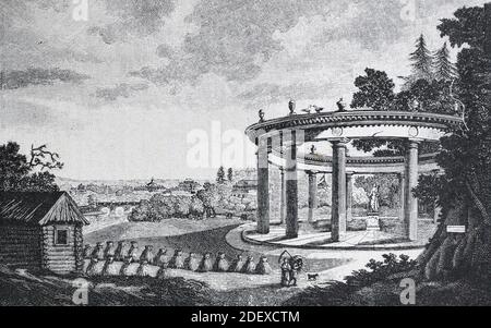 Alexander Landhaus (Alexandrova Data). Tempel von Ceres im Garten. Gravur des 19. Jahrhunderts. Stockfoto