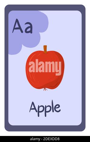 Bunte Alphabet Buchstabe A - Apfel. Phonics-Flashkarte. Lebensmittel Themen ABC-Karten für den Unterricht Lesen mit Lebensmitteln, Gemüse, Obst und Nüssen. Serie von ABC. Stock Vektor