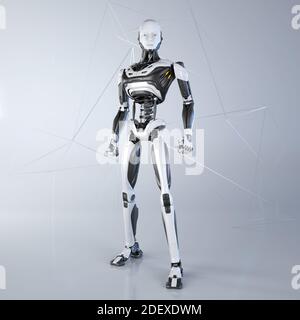 Roboter Android auf einen hellgrauen Hintergrund posiert. 3D-Darstellung Stockfoto