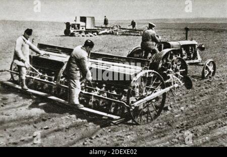 Die Aussaat der Zuckerrüben auf dem Stalin-Kolchos im Jampolski Bezirk (Ukraine) der UdSSR in den 1950er Jahren. Stockfoto