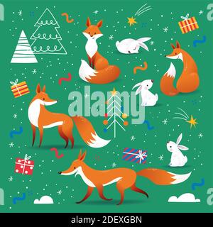 Neujahrsferien Hintergrund in nordisch skandinavischen handgezeichneten Stil Mit niedlichen Füchsen Stock Vektor