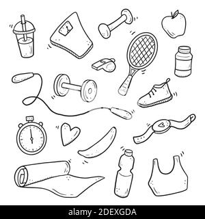 Handgezeichnetes Fitness-Set, Fitnessgeräte, Lifestyle-Konzept für Aktivitäten. Doodle-Skizzenstil. Sportelement mit digitalem Pinselstift gezeichnet. Abbildung für Symbol, Rahmen, Hintergrund. Stock Vektor