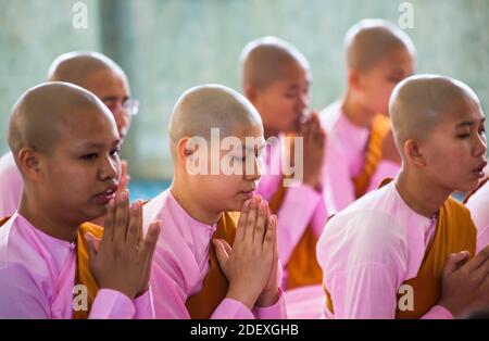 Buddhistische Nonnen beten innerhalb Tempel Pagode in Thetkya Thidar Nunnery, Sakyadhita Thilashin Nunnery School, Sagaing, Myanmar (Burma), Asien im Februar Stockfoto