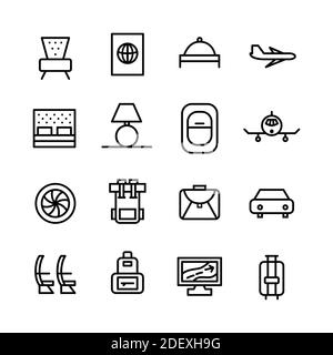 Symbole für Vektorfahrlinien gesetzt. Hotel mit Flugzeugauto Stock Vektor