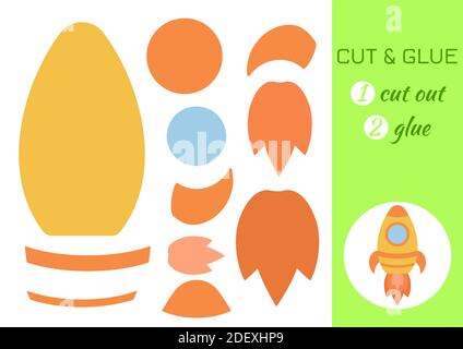 Schneiden und kleben Papierrakete. Farbe Papier schneiden Anwendung Spiel. Pädagogisches Spiel für Vorschulkinder. Arbeitsblatt zur DIY-Aktivität. Stock Vektor