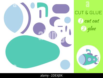 Schneiden und kleben Papier U-Boot. Farbe Papier schneiden Anwendung Spiel. Pädagogisches Spiel für Vorschulkinder. Arbeitsblatt zur DIY-Aktivität. Stock Vektor