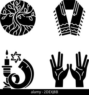 Judentum Zeichen schwarze Glyphen Symbole auf weißen Raum gesetzt Stock Vektor