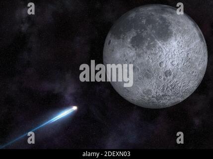 Ein 3D-Rendering eines Raumschiffs, das zum Mond fliegt Im Sternenraum - Reisekonzept Stockfoto