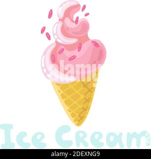 Cartoon-Eis. Bunte Eiswaffelzapfen und Eiszapfen. Sommerliche süße Speisen. Rosa Belag isoliert auf weißem Hintergrund. Vektorgrafik für Stock Vektor