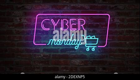 Cyber Monday Animation Neon-Licht-Zeichen und stilisierte Warenkorb auf Backsteinwand. Verkauf Banner Neon Zeichen Stil für promo . Konzept von Verkauf und Freigabe Stockfoto