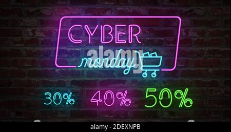 Cyber Monday Animation Neon-Licht-Zeichen und stilisierte Warenkorb auf einer Mauer. Verkauf Banner Neon Zeichen Stil für promo. Konzept des Verkaufs und clearanc Stockfoto