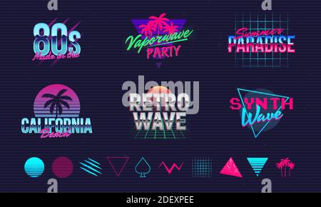 6 Retro-Neon-Logo-Vorlagen und 10 Elemente, um Ihr eigenes Design zu erstellen. Druck für T-Shirt, Banner, Poster, Cover, Badge und Label. Retro 80er Jahre. Vektor Stock Vektor