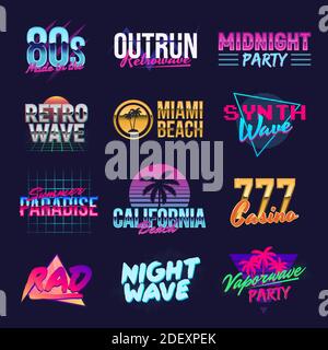 Lassen Sie sich von Retro-Logos entführen. Neon-Retro-Logos. Vaporwave, RetroWave, Synthwave Logo Vorlagen. Vector Retro 80er Jahre Logos Set. Trendige Vintage-Grafiken. Stock Vektor