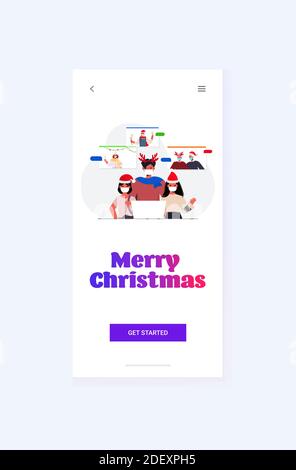 Multi-Generation-Familie in santa Hüte diskutieren während Videoanruf Coronavirus Quarantäne Konzept Neujahr weihnachtsfeiertage Feier Smartphone-Bildschirm Vertikale Vektordarstellung Stock Vektor