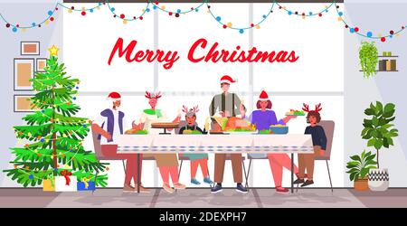 Multi Generation Familie in santa Hüte mit weihnachtsessen neu Jahr Winterferien Feier Konzept Wohnzimmer Interieur horizontal voll Länge Beschriftung Grußkarte Vektor-Illustration Stock Vektor