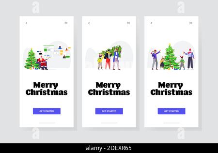 Stellen Sie die Menschen, die sich auf die Winterferien ein frohes neues Jahr vorbereiten weihnachten Feier coronavirus Quarantäne Konzept Smartphone-Bildschirme Sammlung horizontale Vektor Abbildung Stock Vektor