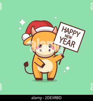 Kleine Ochse in santa Hut hält glückliches neues Jahr Banner 2021 Grußkarte niedliche Kuh Maskottchen Cartoon Charakter voller Länge vektorgrafik Stock Vektor