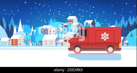 Rote LKW Lieferung Geschenke frohe weihnachten glückliches neues Jahr Feiertage Feier Express Lieferung Konzept Winter Landschaft Hintergrund horizontalen Vektor Abbildung Stock Vektor