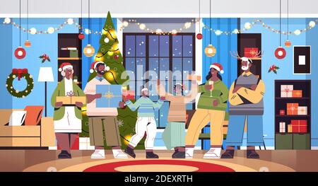 afroamerikanische Multi-Generation-Familie in santa Hüte mit Geschenken Neujahr weihnachten Feiertage Feier Konzept Wohnzimmer Innenraum horizontal Vektordarstellung in voller Länge Stock Vektor
