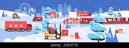 Verschiedene Transport liefern Geschenke fröhlich weihnachten Neujahr Feiertage Feier Lieferung Service Konzept Grußkarte Stadtbild Hintergrund horizontale Vektor Illustration Stock Vektor