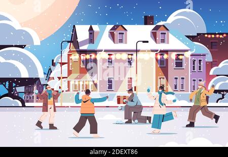 Mix Rennen Menschen in Masken mit Winter Spaß Männer Frauen Walking Outdoor Coronavirus Quarantäne Konzept volle Länge horizontale Vektor-Illustration Stock Vektor