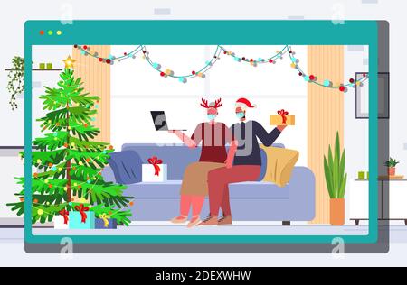 Großeltern in festlichen Hüten und Masken mit Laptop Neujahr Und weihnachtsfeiertage Feier Online-Kommunikation selbst Isolation Konzept leben Horizontale Vektordarstellung des Innenraums in voller Länge Stock Vektor