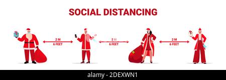 Menschen in santa claus Kostüme halten soziale Distanz zu verhindern Coronavirus Neujahr weihnachten Feier Konzept voller Länge horizontal vektorgrafik Stock Vektor