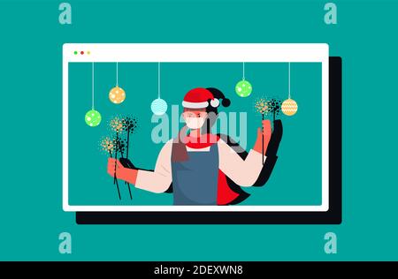 Frau in santa Hut halten funkler Neujahr weihnachtsferien Feier Mädchen im Web-Browser-Fenster mit Spaß Online-Kommunikation Konzept horizontale Vektor-Illustration im Hochformat Stock Vektor