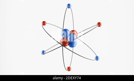 3D-Modell eines Atoms mit Atomkern, Elektronen, Protonen und Neutronen umkreisen, kreisförmiger Pfad, cgi Rendering Illustration, weißer Hintergrund, Rendering Stockfoto