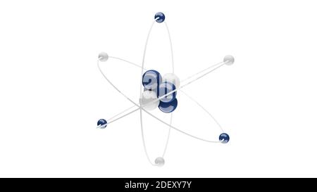 3D-Modell eines Atoms mit Atomkern, Elektronen, Protonen und Neutronen umkreisen, kreisförmiger Pfad, cgi Rendering Illustration, weißer Hintergrund, Rendering Stockfoto