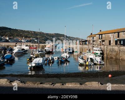 Boote in Lyme Regis Habour, Lyme Regis, Dorset, Vereinigtes Königreich, 2019. Stockfoto