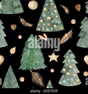 Aquarell Weihnachtsmuster, Weihnachtsbaum, Texturen. Nahtloses Muster handbemalte Winterelemente auf schwarzem Hintergrund Stockfoto