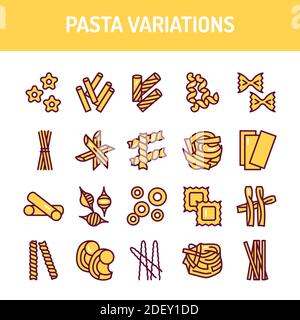 Original italienische Pasta Variationen Farbe Linie Symbole gesetzt. Isoliertes Vektorelement. Skizzieren Sie Piktogramme für Webseite, Stock Vektor