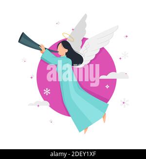 Stock-Vektor. Frohe Weihnachten und ein glückliches neues Jahr 2021. Fliegende Engel Zeichentrickfigur. Vektorgrafik Stock Vektor