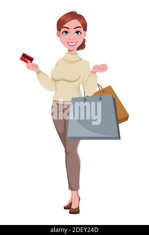 Stock-Vektor. Junge schöne Geschäftsfrau geht einkaufen. Hübsche Geschäftsfrau Cartoon-Charakter in flachen Stil. Vektorgrafik Stock Vektor
