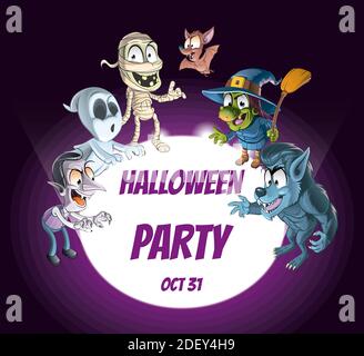 Cartoon Halloween Poster mit einer Gruppe von Monstern, Werwolf, Hexe, Fledermaus, Mama, Geist und Vampir, um einen beleuchteten Kreis mit dem Text Halloween Party Stockfoto