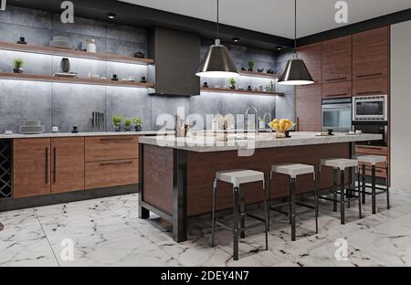 Moderne Küche Interieur. 3D-rendering Design Konzept Stockfoto