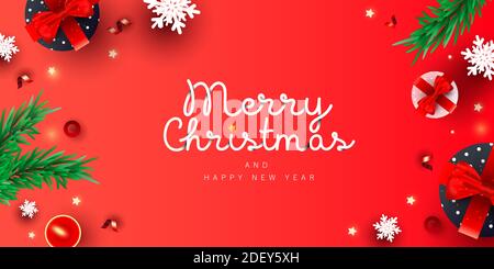 2021 Kreatives Frohes Weihnachtsfest und Frohes Neues Jahr Banner mit Dekor-Geschenkbox, Schnee, weihnachtskiefer auf gradienten Hintergrund für Poster, Urlaubsflyer, stilvolle Broschüre, Grußkarte. Flach liegend, Draufsicht. Stock Vektor