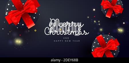 Fantasy Frohe Weihnachten und Happy New Year Noel Banner mit Dekor-Geschenkbox, auf dunklem Hintergrund für Poster, Urlaubsflyer, stilvolle Broschüre, Grußkarte. Flach liegend, Draufsicht. Stock Vektor