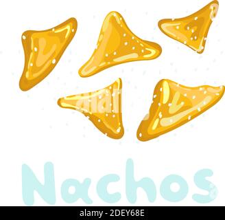 Cliparts Nachos schwimmen mit Salz. Tortilla Chips oder Nachos flacher Vektor gelb Symbol für Apps und Websites. Cartoon Doodle flache Illustration von Stock Vektor