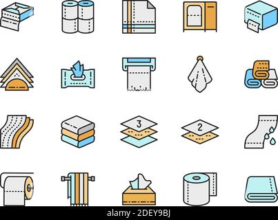 Set von Servietten Flat Color Line Icons. Toilettenpapierrollen, Halter, Handtrockner und mehr. Stock Vektor