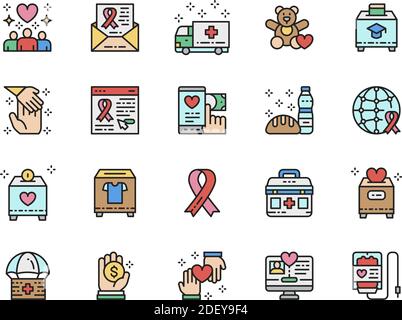 Set der Spende Flat Color Line Icons. Freiwilligenarbeit, Verbandskit und mehr Stock Vektor