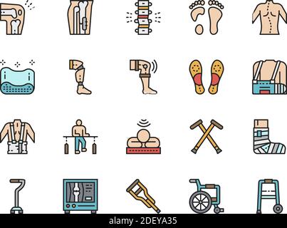 Satz von medizinischen Rehabilitation Flat Color Icons. Prothese, Bandage und mehr. Stock Vektor