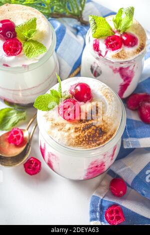 Cranberry Layered Dessert-Frühstück in kleinen Gläsern für den Weihnachtsmorgen. Hausgemachte Preiselbeere Baked Baked Baiser Dessert, mit frischen Preiselbeeren und Minze, c Stockfoto